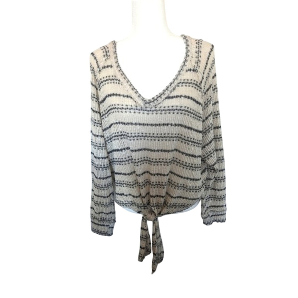 Altar'd State Pullover Small White Black Striped Knit V Neck Tie Front Sweater - Picture 1 of 8